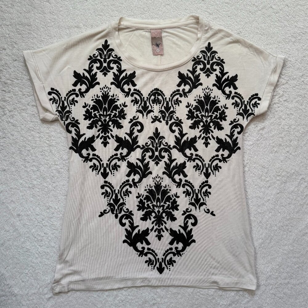 Truth White Tee with Black Damask Design